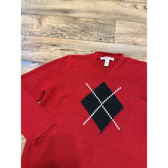 Vintage 90s Argyle Red Knit V-Neck Sweater - Picture 2 of 4